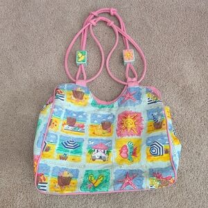 Colorful Beach Print Tote with Pink Trim